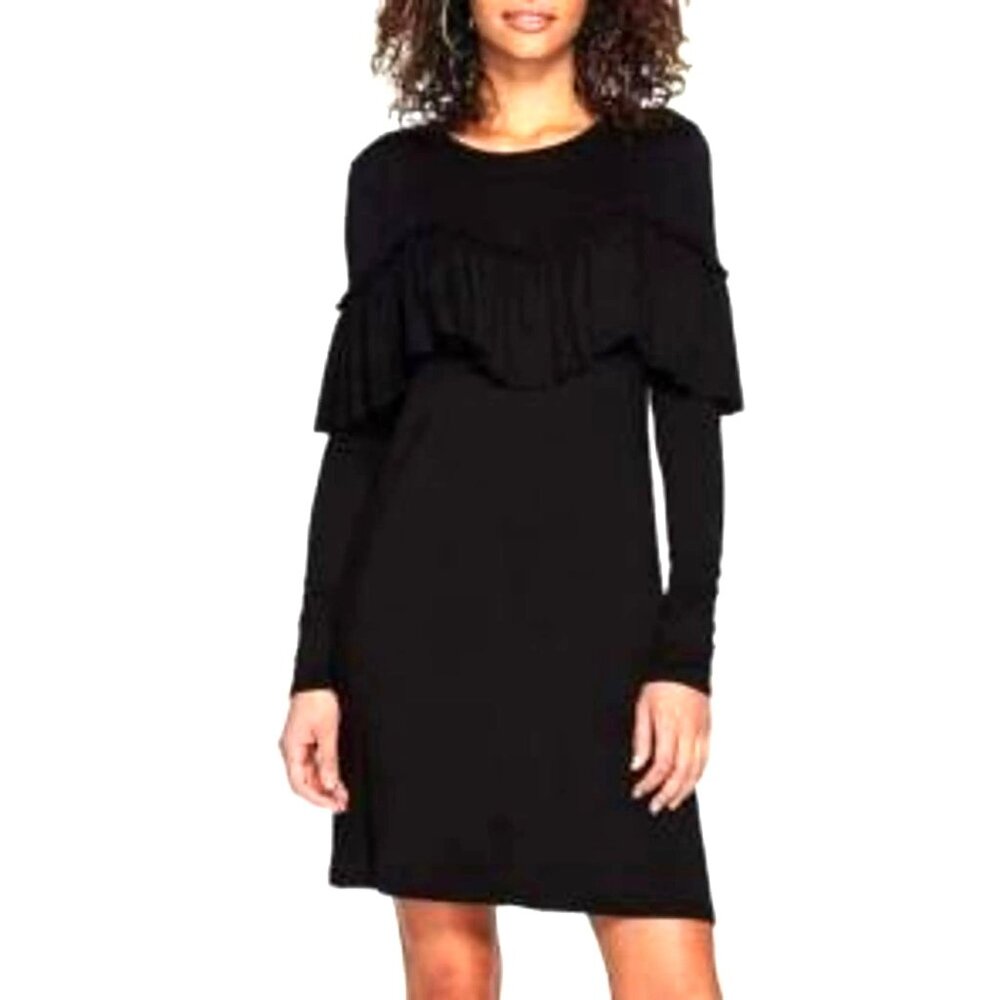 Kensie Black Ruffled Ultra-Soft Knit Dress w/Pockets Size S Fall Winter Sweater